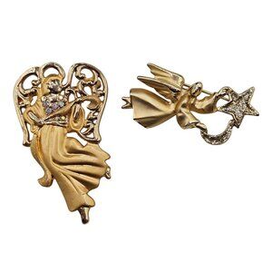 Festive Joy Holiday‎ Gold Tone Angels Religious Faith Christian Brooch Pins 2PC